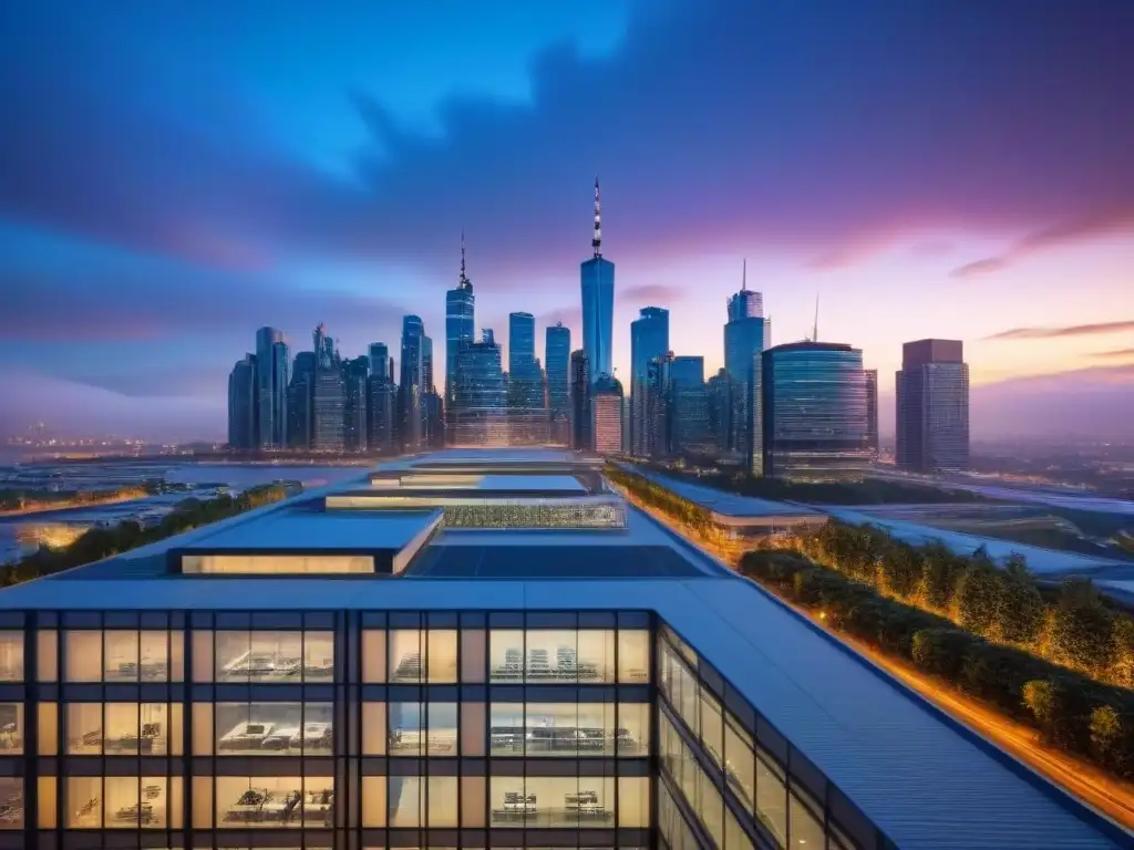 Edificio moderno y vibrante en el atardecer urbano Oficina moderna con vista panorámica a la ciudad al anochecer, preparar inversión inmobiliaria internacional