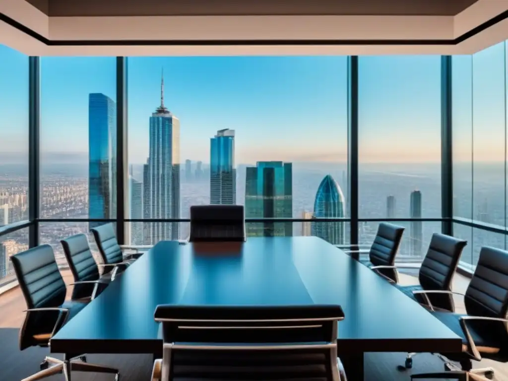 Sala de juntas moderna con vista a la ciudad Oficina moderna con vista panorámica a la ciudad, mesa de conferencias, documentos y laptop