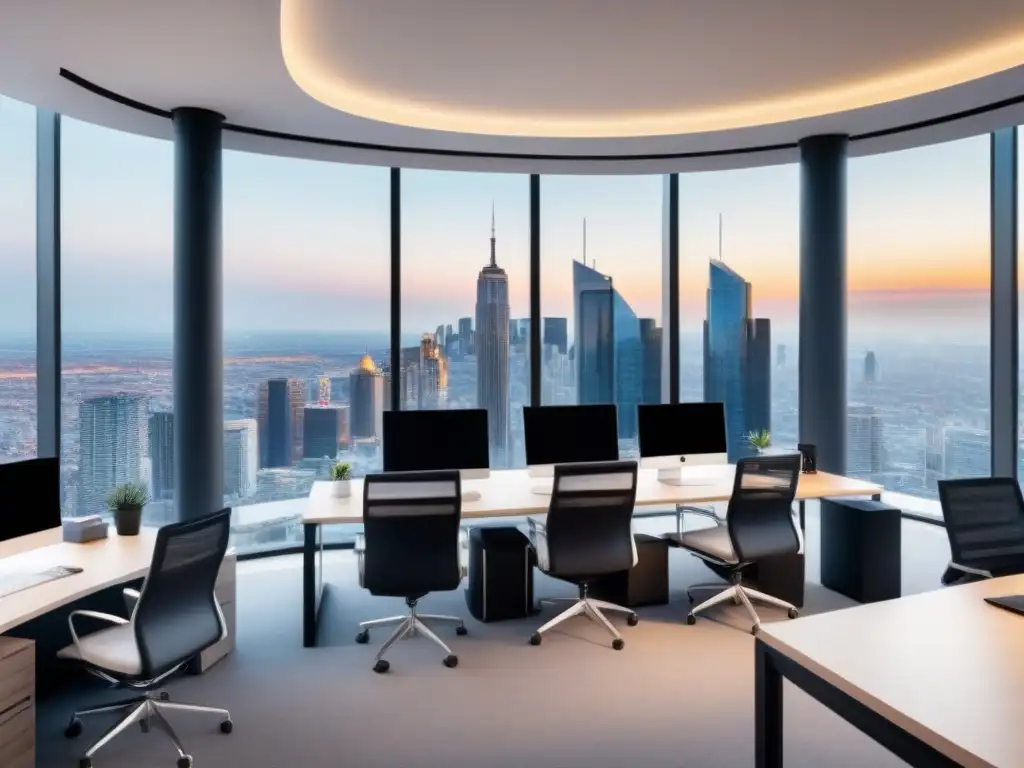 Oficina moderna con vista panorámica de la ciudad Una oficina moderna con vista panorámica de la ciudad, equipo de alta tecnología y un equipo diverso en reunión colaborativa