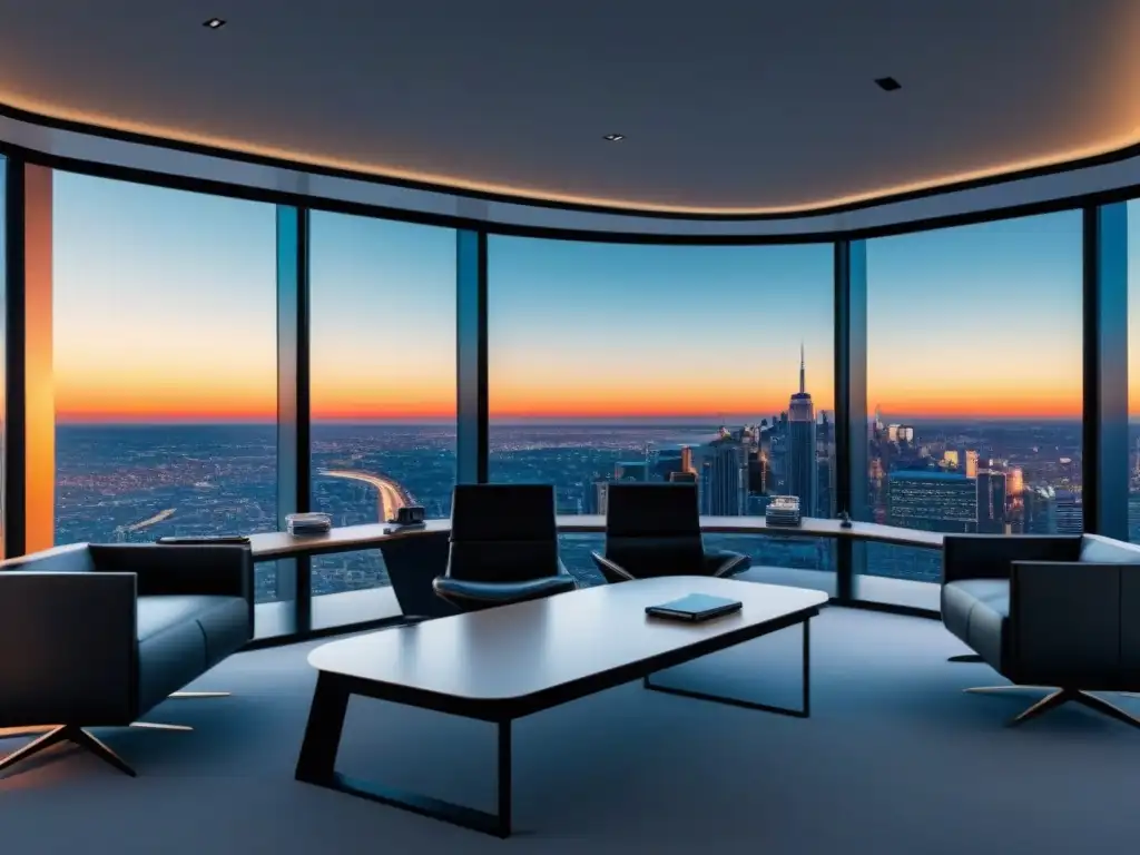 Oficina moderna 8k con vista panorámica y gadgets de alta tecnología Oficina moderna con vista panorámica a la ciudad, muebles contemporáneos y tecnología de vanguardia