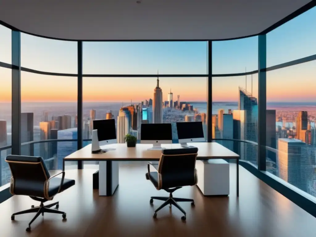 Oficina moderna con vista panorámica y tecnología de vanguardia Oficina moderna con vista urbana que refleja sofisticación y tecnología