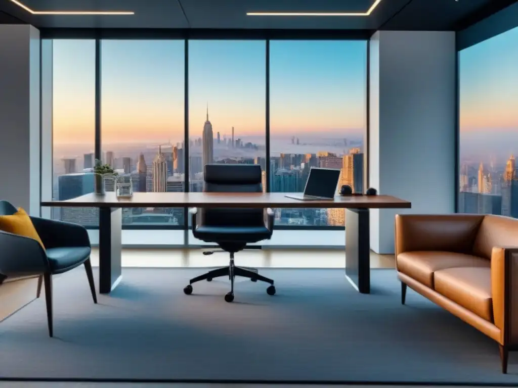 Oficina moderna con vista panorámica: innovación en bienes raíces Oficina moderna con vista urbana y gadgets tecnológicos