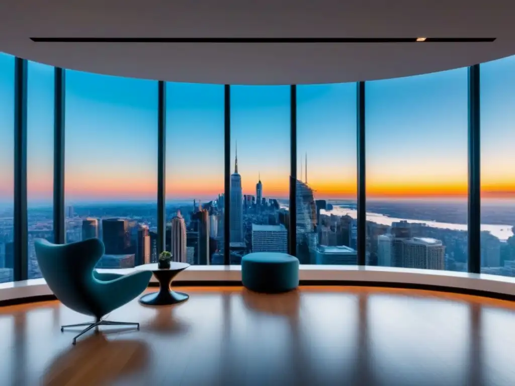 Oficina moderna con vistas urbanas y tecnología de vanguardia Oficina moderna con vista urbana, muebles minimalistas y tecnología de punta
