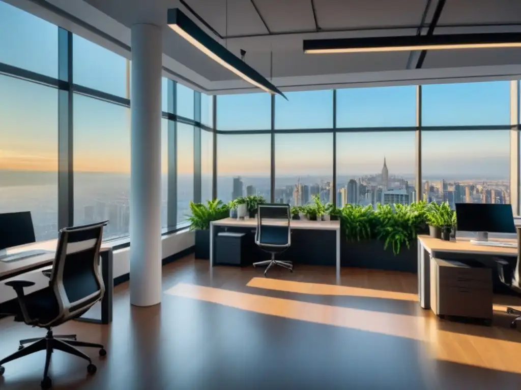 Oficina moderna con vista urbana y diseño vibrante Oficina moderna con vistas a la ciudad, mobiliario elegante y toque de naturaleza