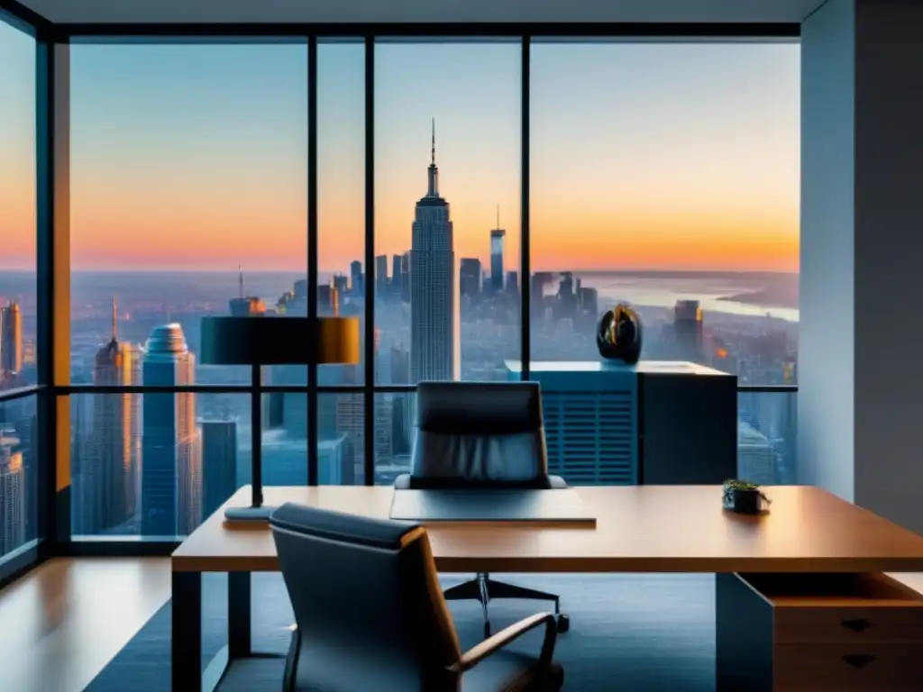Oficina moderna con vista panorámica en 8k Oficina moderna con vistas a la ciudad, mobiliario elegante y luz natural