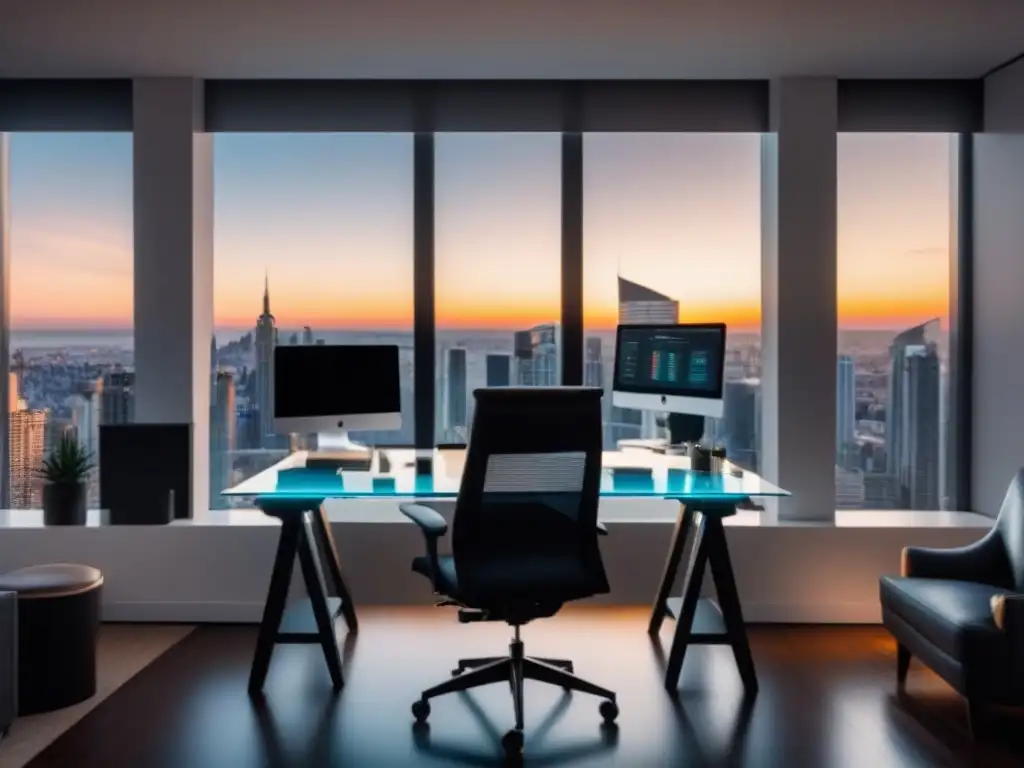 Oficina moderna de lujo con vista panorámica al atardecer Oficina moderna con vistas a la ciudad al atardecer, mostrando consejos gestión financiera tiempo compartido