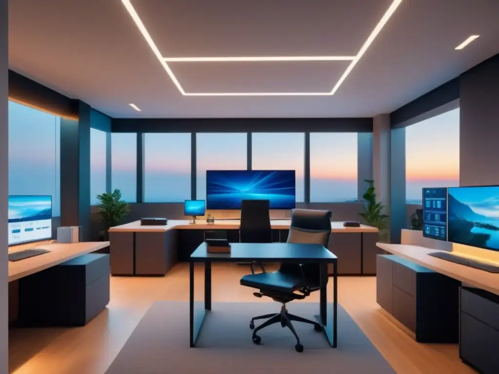 Oficina de planificación de herencias: Futurista y sofisticada Oficina de planificación patrimonial inmobiliaria internacional futurista y sofisticada con equipo diverso y tecnología avanzada