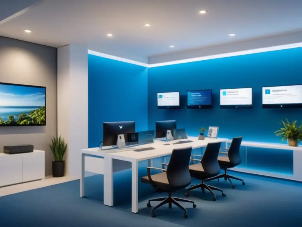 Oficina de reventa de tiempos compartidos: diseño minimalista y tecnológico Oficina de reventa de tiempo compartido, moderna y elegante, con colorido sofisticado en azules y blancos