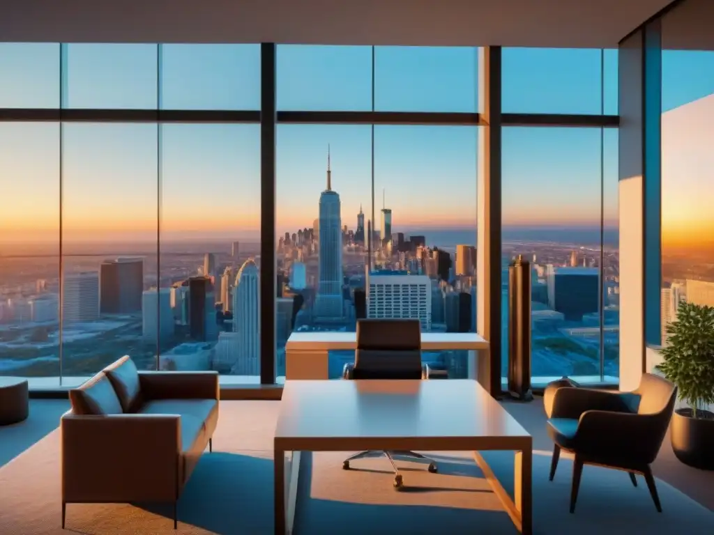 Oficina de seguros moderna con vista panorámica al atardecer Oficina de seguros con vista a la ciudad al atardecer, especializada en seguros de propiedades en riesgo