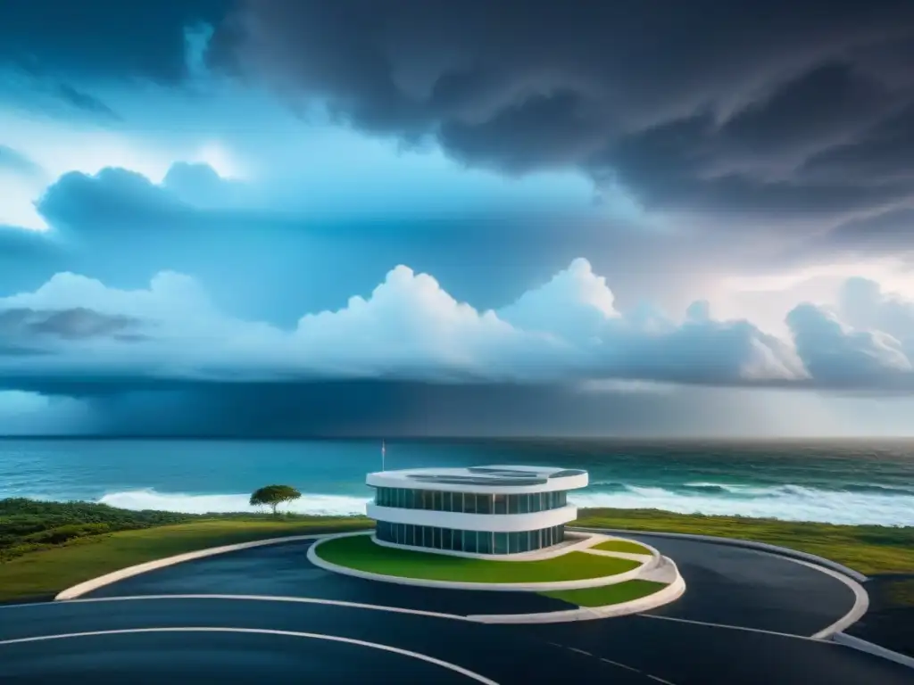 Oficina de seguros moderna en la costa: profesionalismo y riesgo climático Oficina de seguros en zona costera con vista al mar bajo nubes de tormenta, reflejando experticia en cambios climáticos