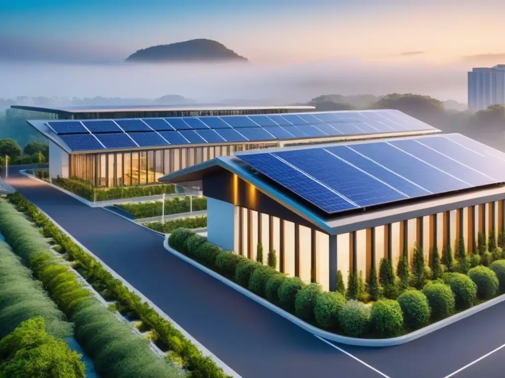 Oficina sostenible rodeada de naturaleza, paneles solares y estaciones de carga para vehículos eléctricos