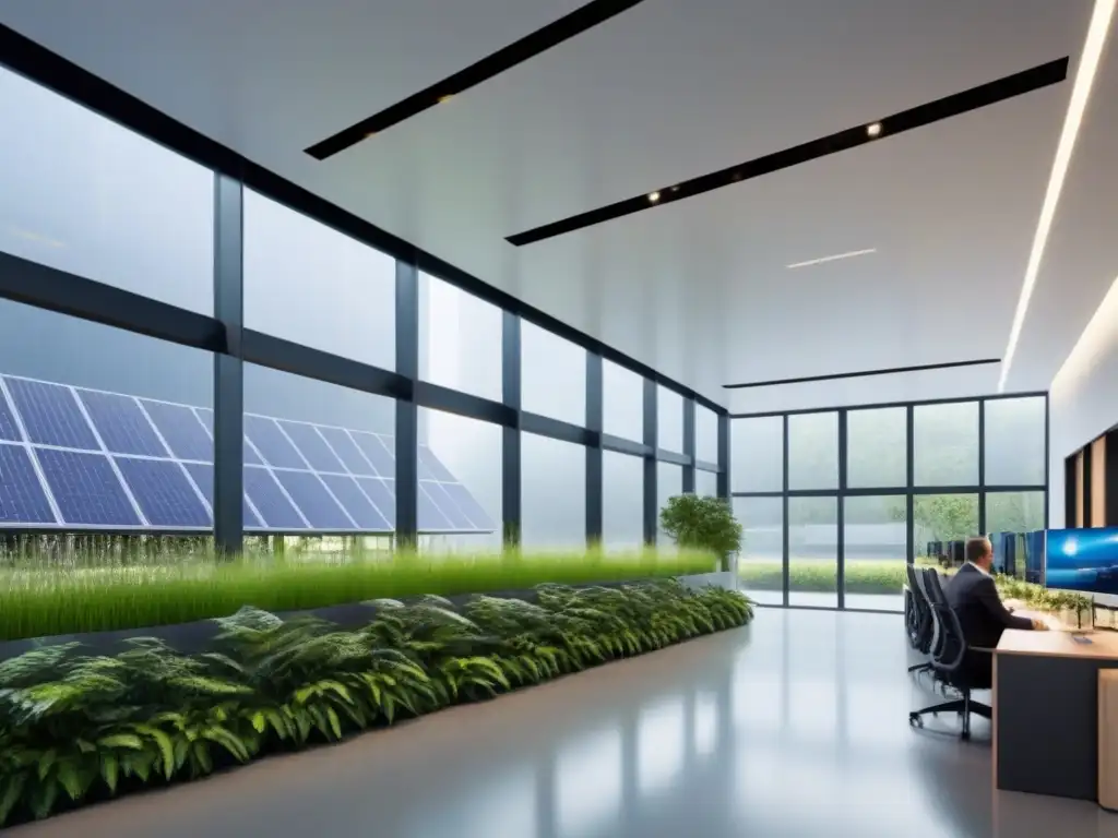 Edificio sostenible con diseño contemporáneo y tecnología verde Oficina sustentable con paneles solares y jardines verticales, reflejando la certificación LEED y BREEAM