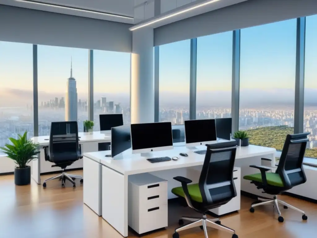 Oficina ultramoderna: claridad, tecnología y colaboración Oficina ultramoderna con luz natural y vista panorámica de la ciudad