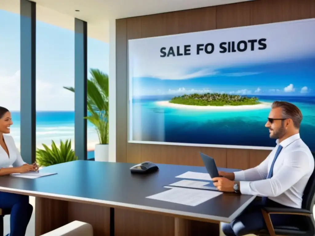 Oficina de ventas moderna con vista panorámica a un resort playero