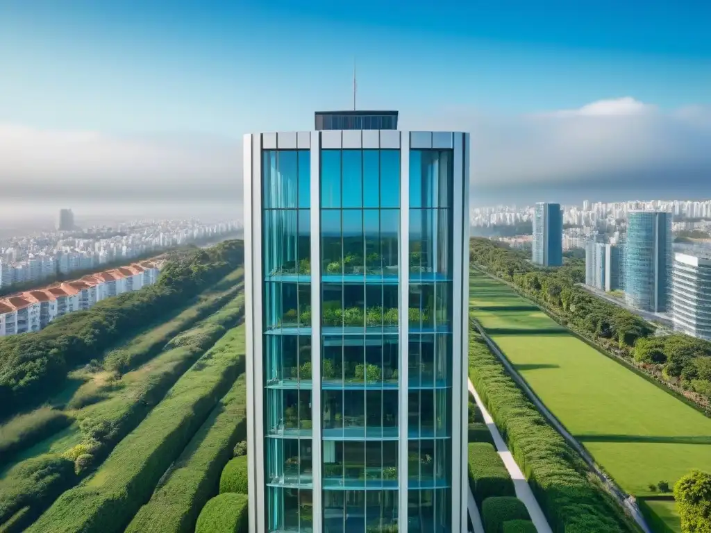 Esplendor urbano: rascacielos moderno entre vegetación exuberante Reputación online marcas inmobiliarias: Imponente rascacielos moderno rodeado de exuberante vegetación, bajo cielo azul claro