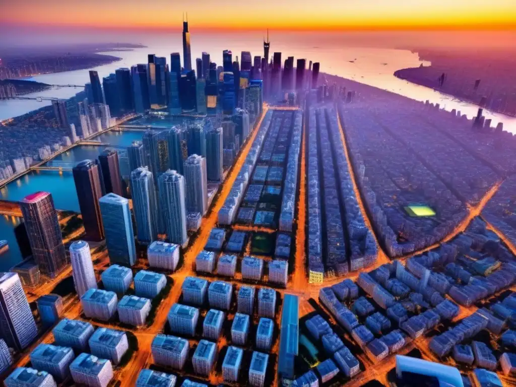 Inversión inmobiliaria en metrópolis dinámica al atardecer Opciones de financiamiento inmobiliario internacional en vibrante metrópolis al atardecer