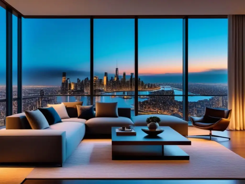 Sofisticado salón urbano de lujo con vista nocturna Opiniones celebridades propiedad lujo: Sala moderna de lujo con vista nocturna de la ciudad, elegante decoración y cálida iluminación