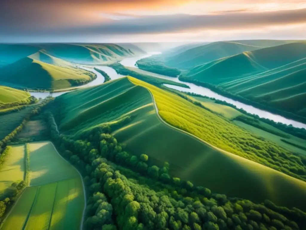 Tierras vírgenes al atardecer: belleza natural en estado puro Oportunidad de inversión en terrenos sin desarrollar: paisaje natural con colinas, vegetación frondosa y río serpenteante al atardecer