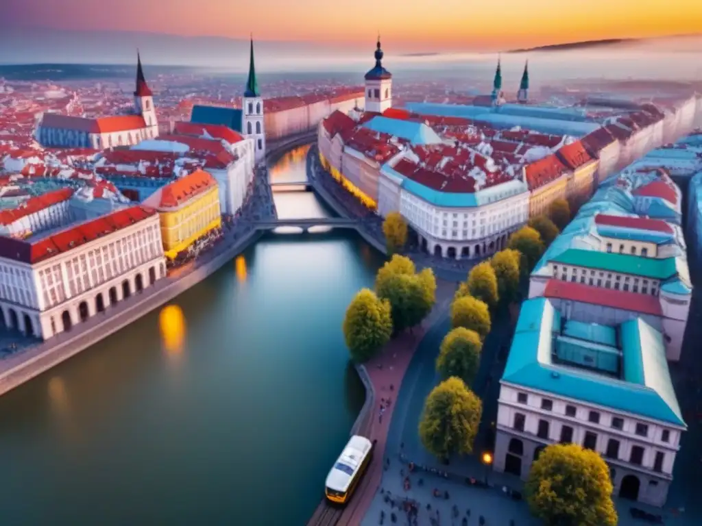 Cityscape vibrante en Europa del Este: mezcla de historia y modernidad Oportunidades de inversión en Europa del Este: Ciudad dinámica con río, rascacielos y arquitectura histórica al atardecer