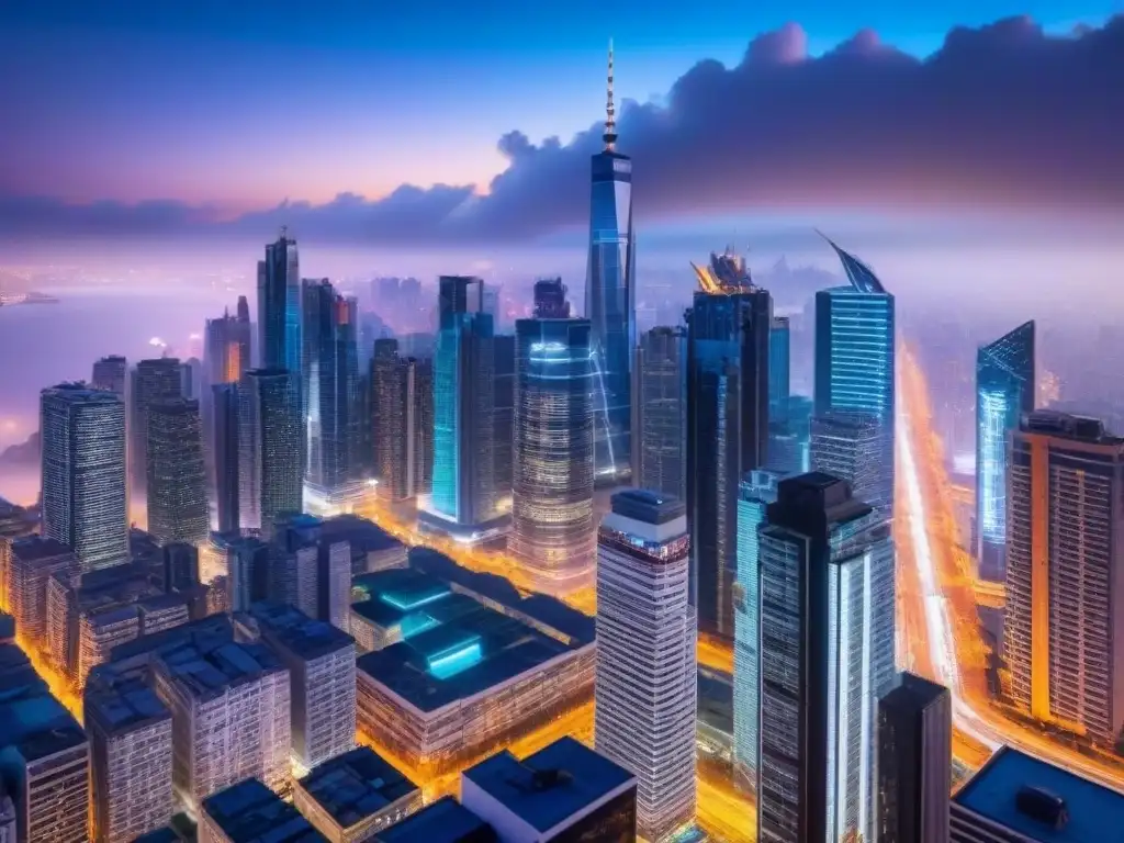 Metrópolis nocturna: skyline global vibrante y profesionales en acción Oportunidades inmobiliarias globales anticíclicas: Ciudad moderna al anochecer, con rascacielos iluminados y profesionales en discusiones animadas