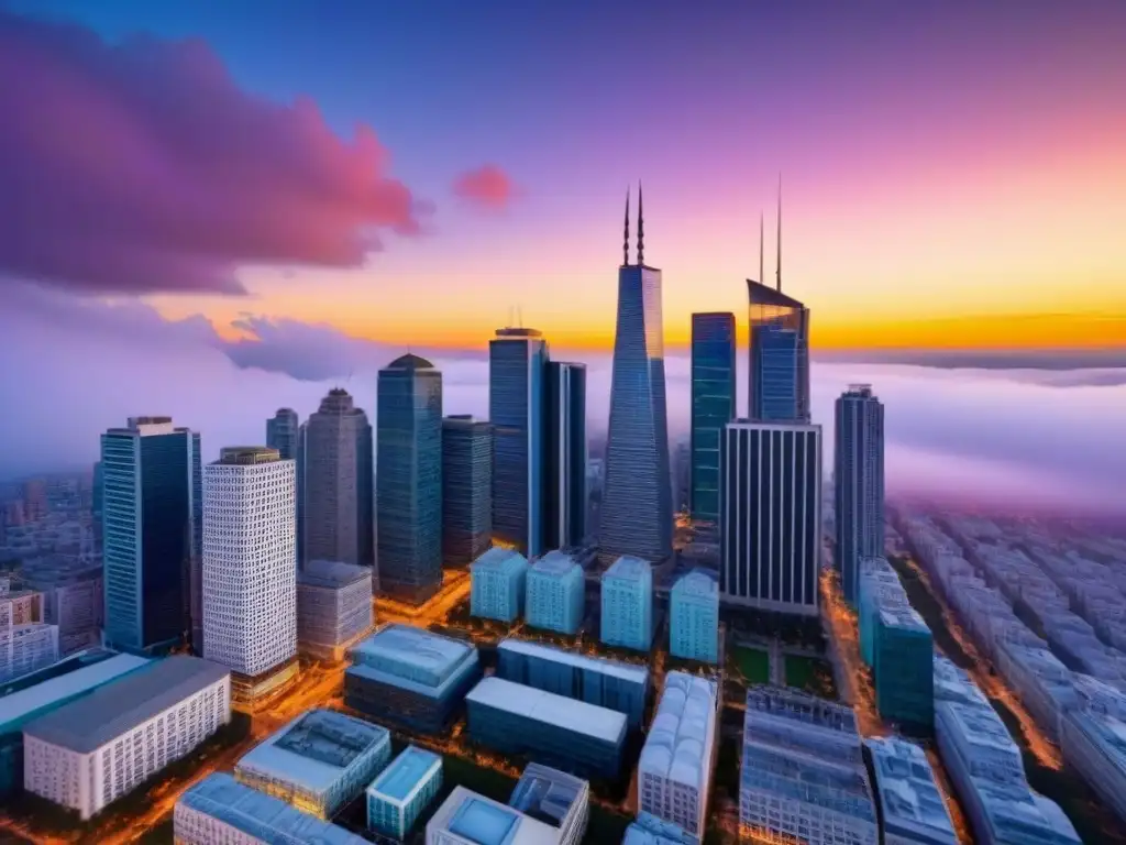 Cityscape en auge: edificios modernos y históricos al atardecer Oportunidades inmobiliarias en mercados secundarios: Ciudad vibrante al atardecer, con rascacielos y edificios históricos