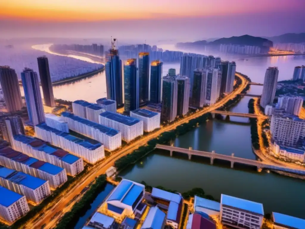 Horizonte urbano del Sudeste Asiático al atardecer Descubre las oportunidades inmobiliarias en el Sudeste Asiático con esta vista aérea urbana al atardecer