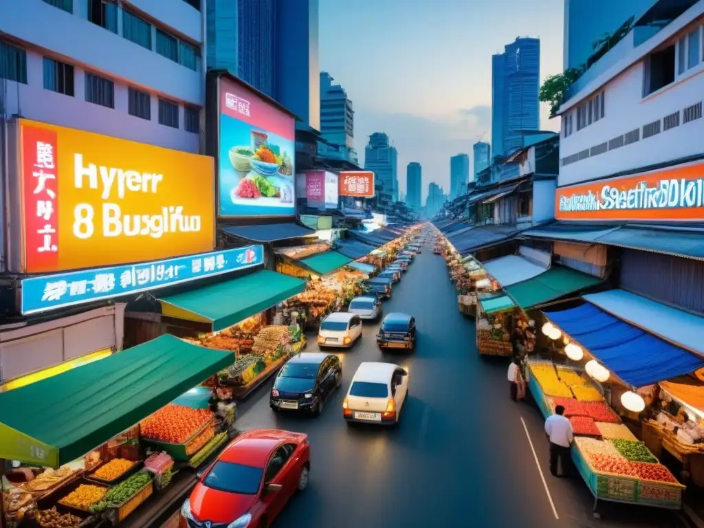 Viñetas urbanas: Bangkok, Tailandia, entre tradición y modernidad Explora Oportunidades inmobiliarias Sudeste Asiático en bulliciosa calle de Bangkok, con arquitectura tradicional tailandesa y rascacielos modernos