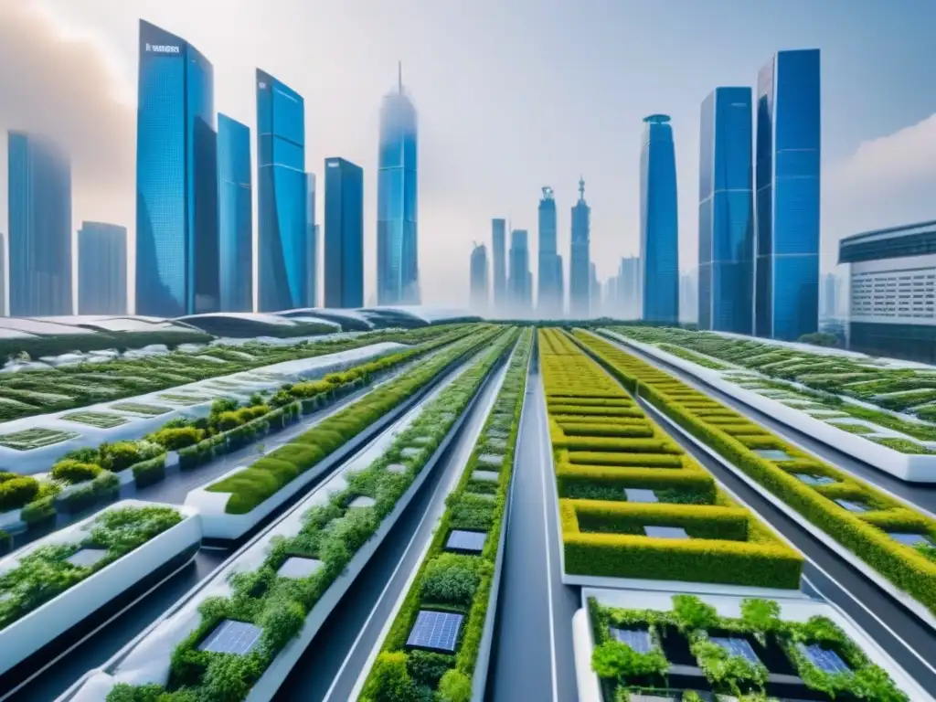Metrópolis futurista: PropTech y sostenibilidad en la ciudad del mañana Oportunidades de inversión en PropTech: Ciudad futurista con rascacielos innovadores y tecnología avanzada