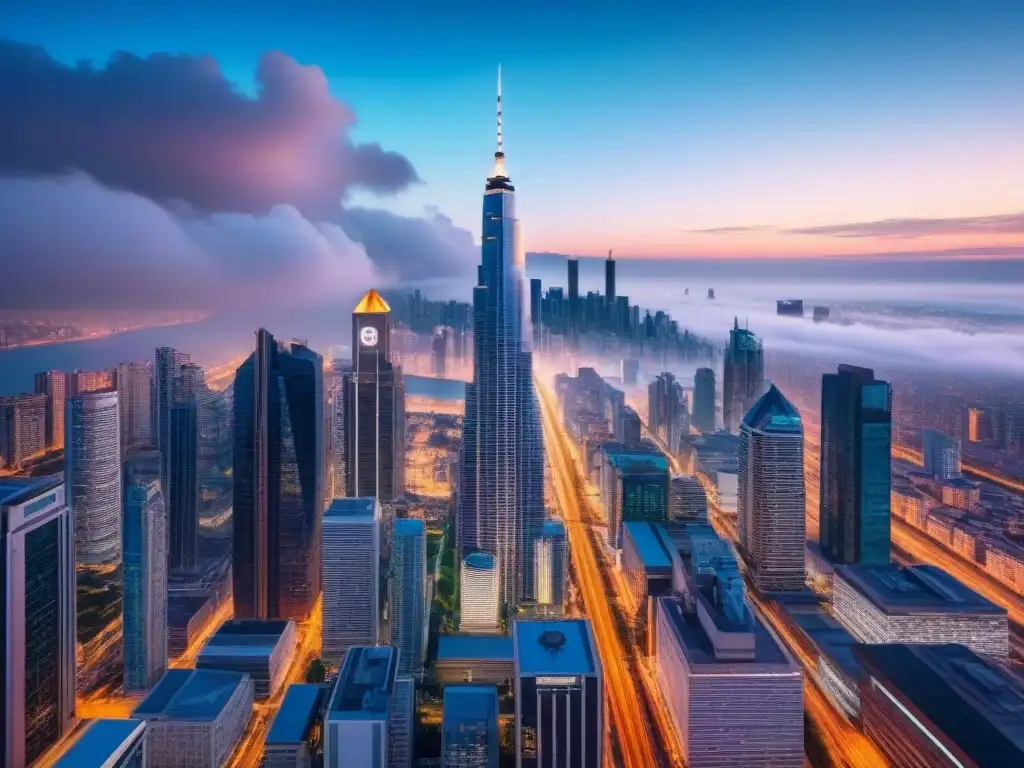 Cityscape futurista: innovaciones PropTech Oportunidades de inversión en PropTech: Ciudad futurista de noche con rascacielos iluminados y tecnología innovadora