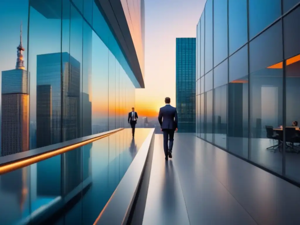 Edificio corporativo futurista en la ciudad moderna Oportunidades de inversión en PropTech: Edificio moderno de vidrio con diseño innovador, reflejando el paisaje urbano al atardecer
