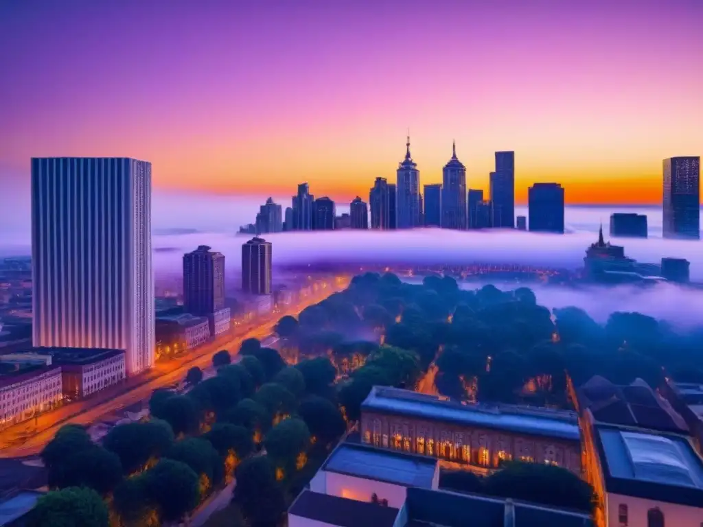 Atardecer vibrante en la ciudad: mezcla de modernidad y historia Oportunidades de inversión inmobiliaria global en una ciudad vibrante al atardecer, mezclando rascacielos modernos con edificios históricos