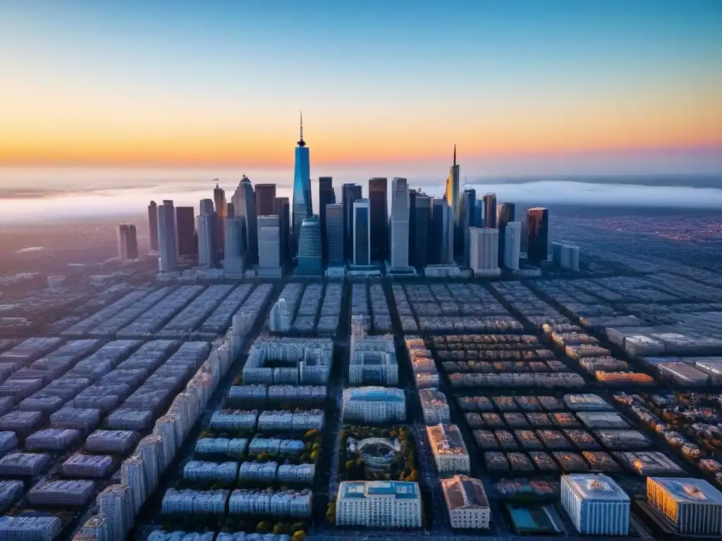 Renovación urbana: atardecer vibrante en ciudad en transformación Oportunidades de inversión inmobiliaria global: Ciudad vibrante en transformación al atardecer