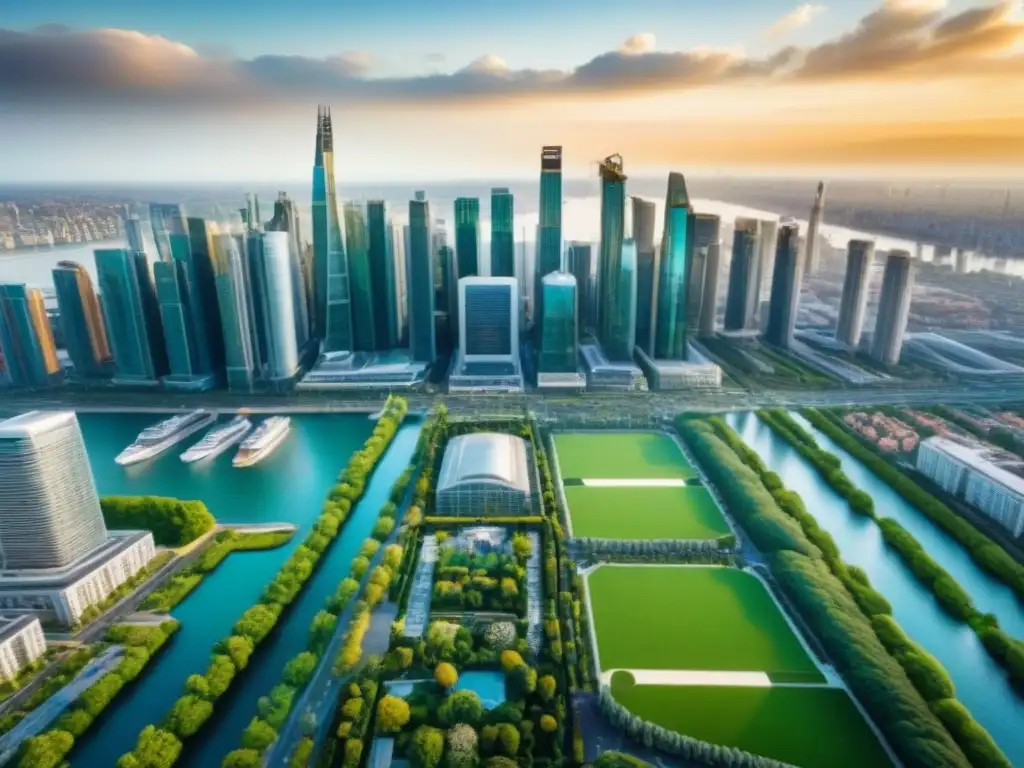 Inversión inmobiliaria en metrópolis global: lujo y modernidad Oportunidades de inversión inmobiliaria global: Vista aérea de una ciudad moderna y vibrante, con rascacielos y edificios de lujo