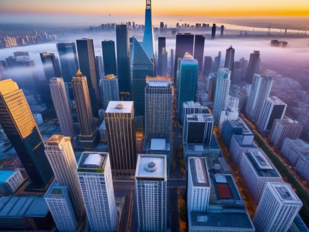 Vibrante contraste urbano: crecimiento inmobiliario en el atardecer dorado Oportunidades de inversión inmobiliaria en mercados emergentes: vibrante ciudad con contrastes arquitectónicos y energía dinámica al atardecer