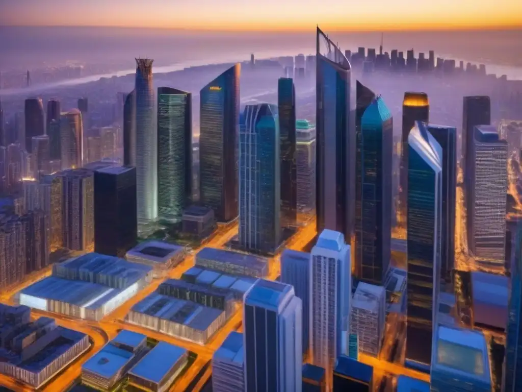 Oportunidades de Inversión en el Horizonte Urbano al Atardecer Oportunidades de inversión en inmobiliaria: vibrante ciudad al atardecer, moderna y futurista, con profesionales y rascacielos