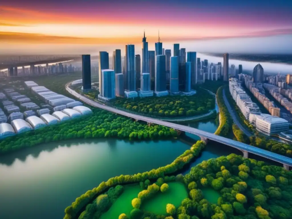 Horizonte urbano al atardecer: luces doradas y energía vibrante Oportunidades de inversión en mercado inmobiliario internacional: ciudad vibrante al atardecer con rascacielos y parques