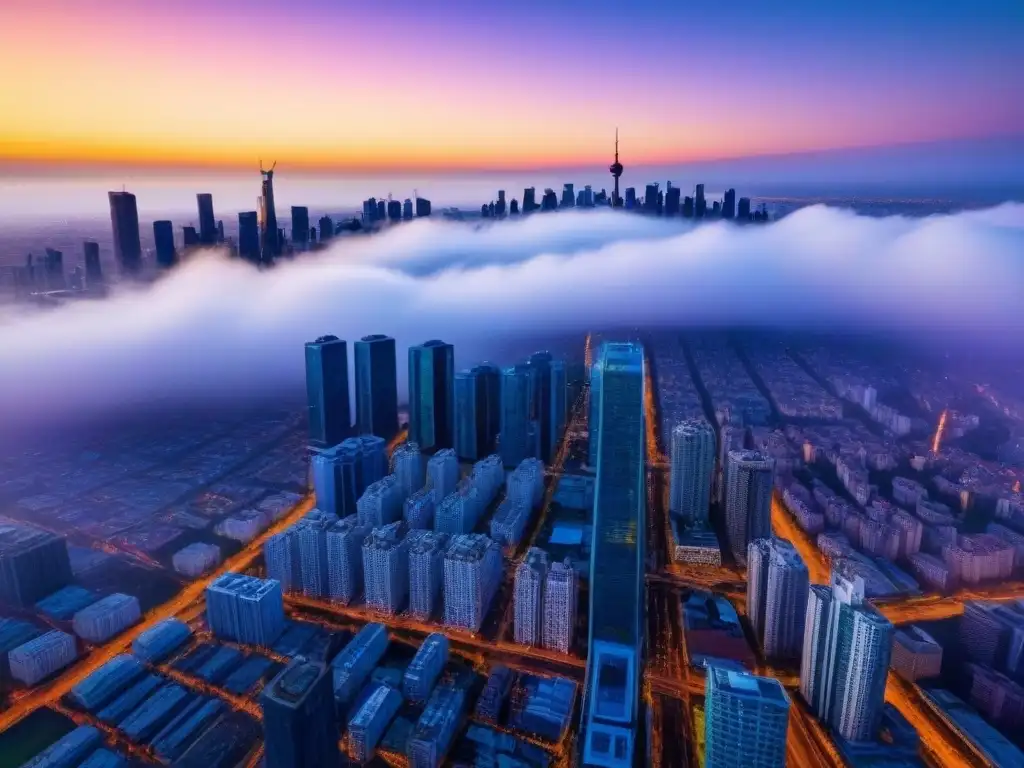 Esplendor urbano: metrópolis vibrante al atardecer Oportunidades de inversión en el mercado inmobiliario internacional: vista aérea de una metrópoli vibrante al atardecer