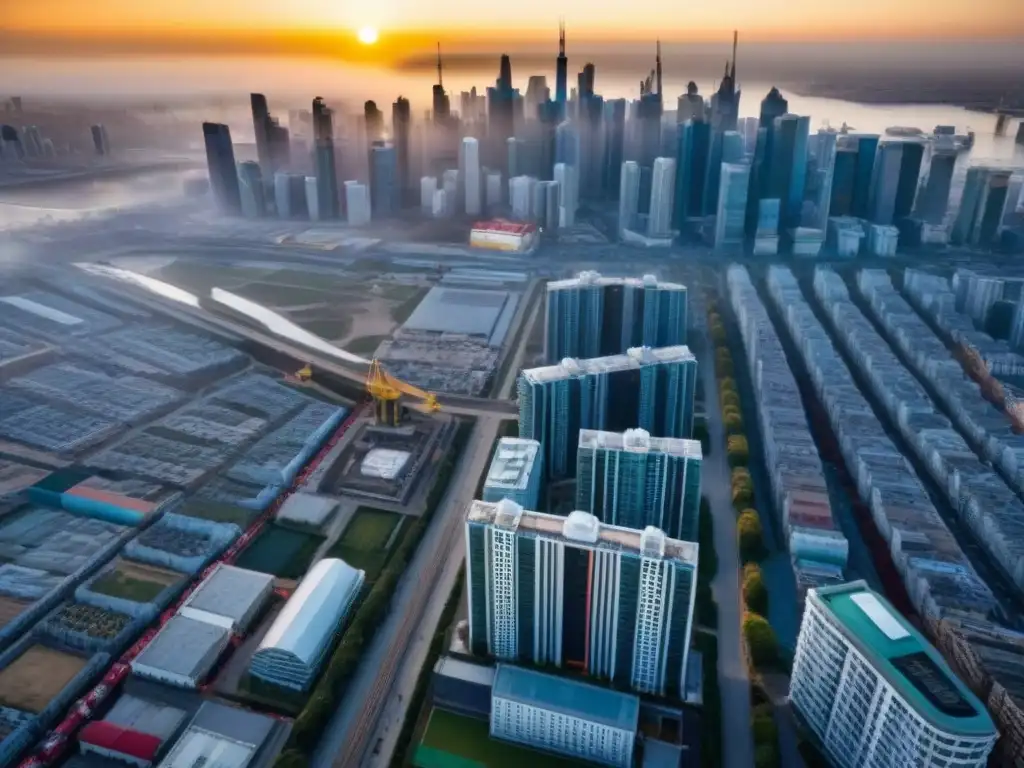 Skyline vibrante: oportunidades de inversión en mercado emergente Oportunidades de inversión en el mercado inmobiliario internacional: una ciudad emergente con modernos rascacielos y arquitectura tradicional, bañada por la cálida luz del atardecer