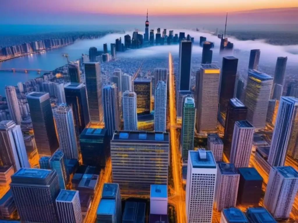 Metrópolis en crecimiento: luces y energía urbana al atardecer Oportunidades de inversión en el mercado inmobiliario internacional: vista aérea de una ciudad vibrante al atardecer