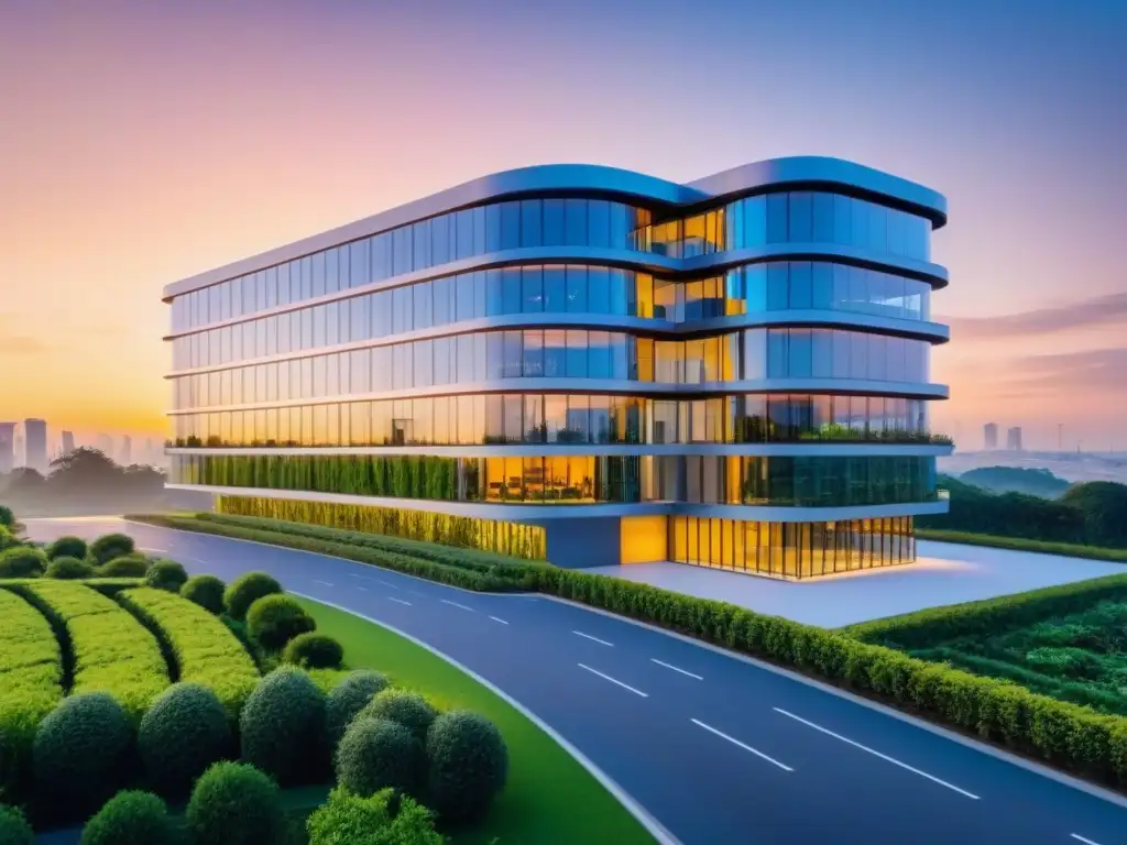 Edificio inteligente del futuro: tecnología y sostenibilidad Oportunidades para inversores inmobiliarios internacionales: Edificio inteligente futurista rodeado de vegetación, iluminado por un atardecer vibrante