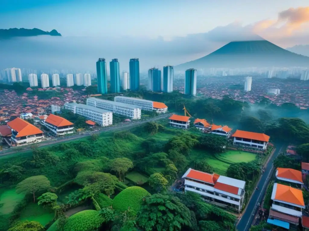 Vibrante paisaje urbano en Indonesia: ¡oportunidades de inversión! Oportunidades mercado inmobiliario Indonesia: Vista aérea de bulliciosa ciudad con rascacielos modernos y naturaleza exuberante