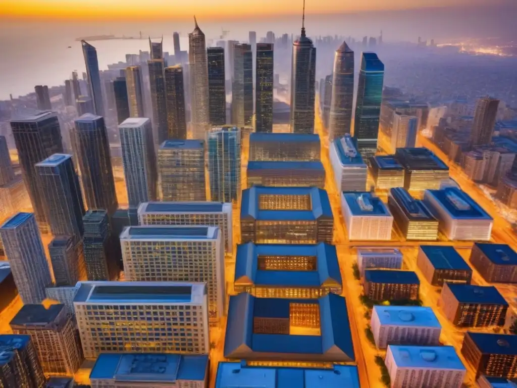Vibrante mezcla arquitectónica en mercado inmobiliario emergente Oportunidades en mercados inmobiliarios emergentes: mezcla de arquitectura moderna y histórica en una ciudad bulliciosa al atardecer
