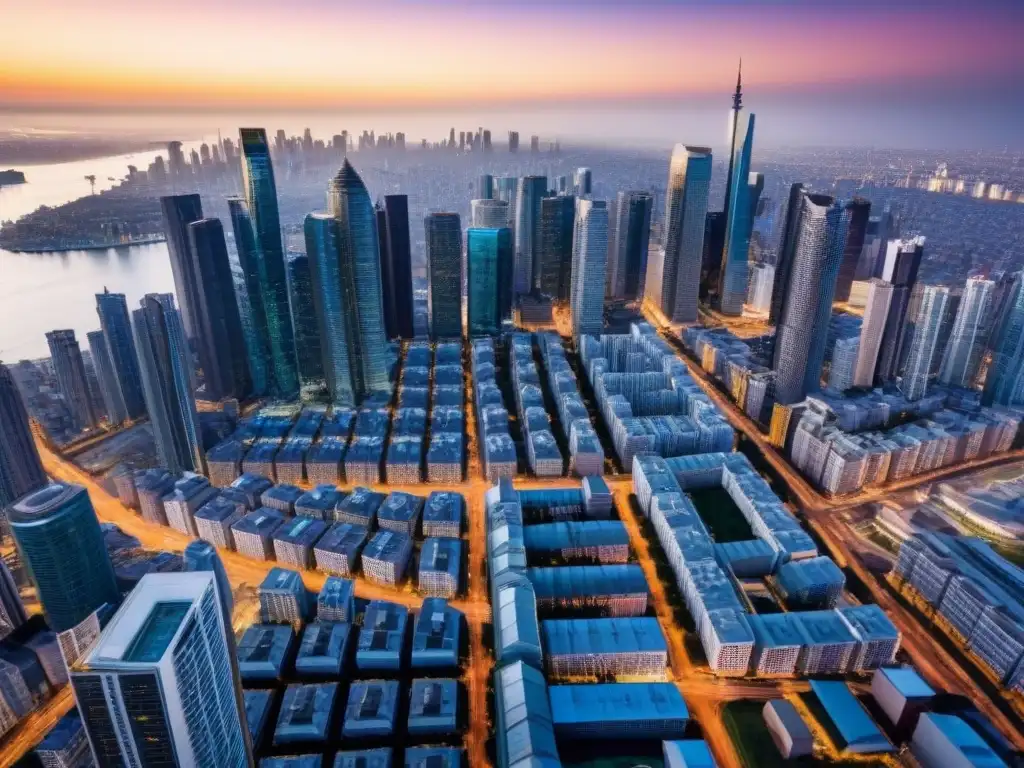 Vista aérea detallada de ciudad en crecimiento Descubre oportunidades ocultas en inmobiliaria: vista aérea detallada de una bulliciosa ciudad con rascacielos y edificios residenciales