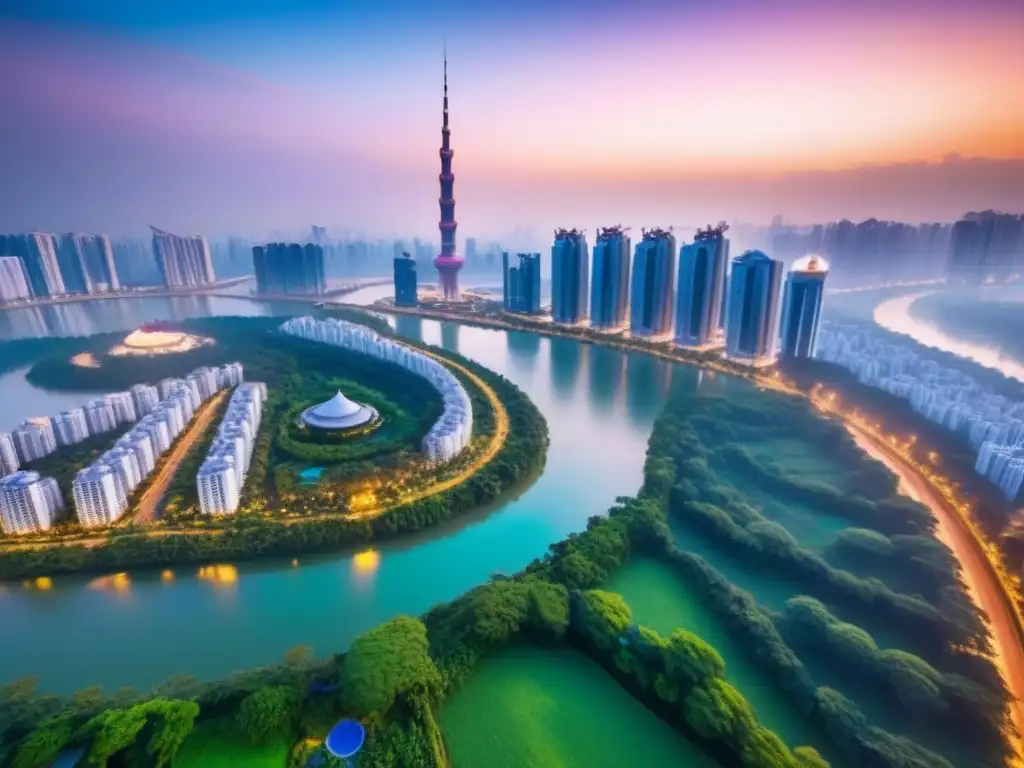 Horizonte de lujo: metrópolis asiática entre rascacielos futuristas y arquitectura tradicional al atardecer Oportunidades de propiedades de lujo en el mercado asiático: un horizonte urbano reluciente y opulento al atardecer