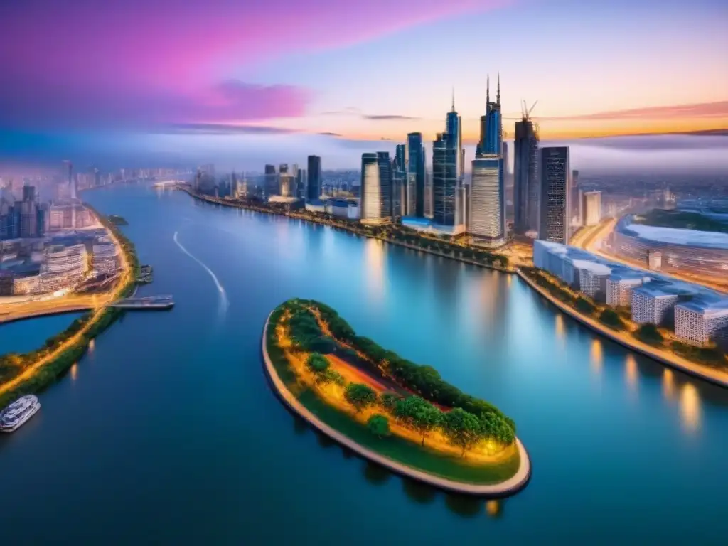 Espléndido skyline urbano al anochecer: luces vibrantes en río sereno Descubre las oportunidades subestimadas en el mercado inmobiliario comercial con esta vista aérea de la bulliciosa ciudad al anochecer