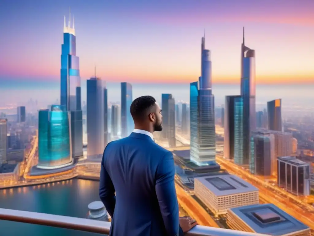 Innovación global: Oportunidades inmobiliarias internacionales Oportunidades únicas Crowdfunding inmobiliario internacional: Ciudad moderna al atardecer con profesionales en animadas conversaciones