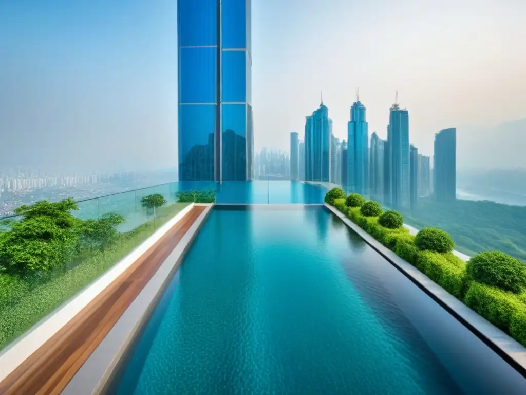 Rascacielos de lujo en ciudad emergente: diseño innovador y lujo urbano Oportunidades únicas mercado inmobiliario: rascacielos de lujo con piscina en el techo, rodeado de naturaleza y montañas