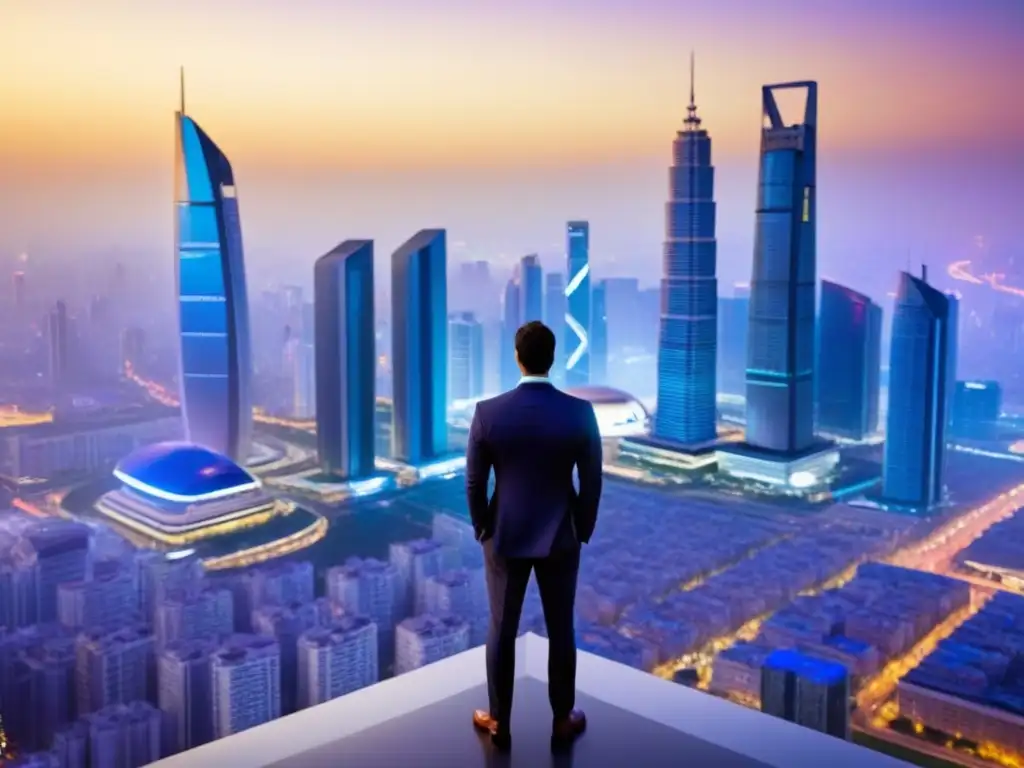 Metrópolis vibrante al atardecer: oportunidades únicas en mercados emergentes Oportunidades únicas mercado inmobiliario: Modernos rascacielos y bulliciosas calles en una metrópolis en desarrollo al atardecer
