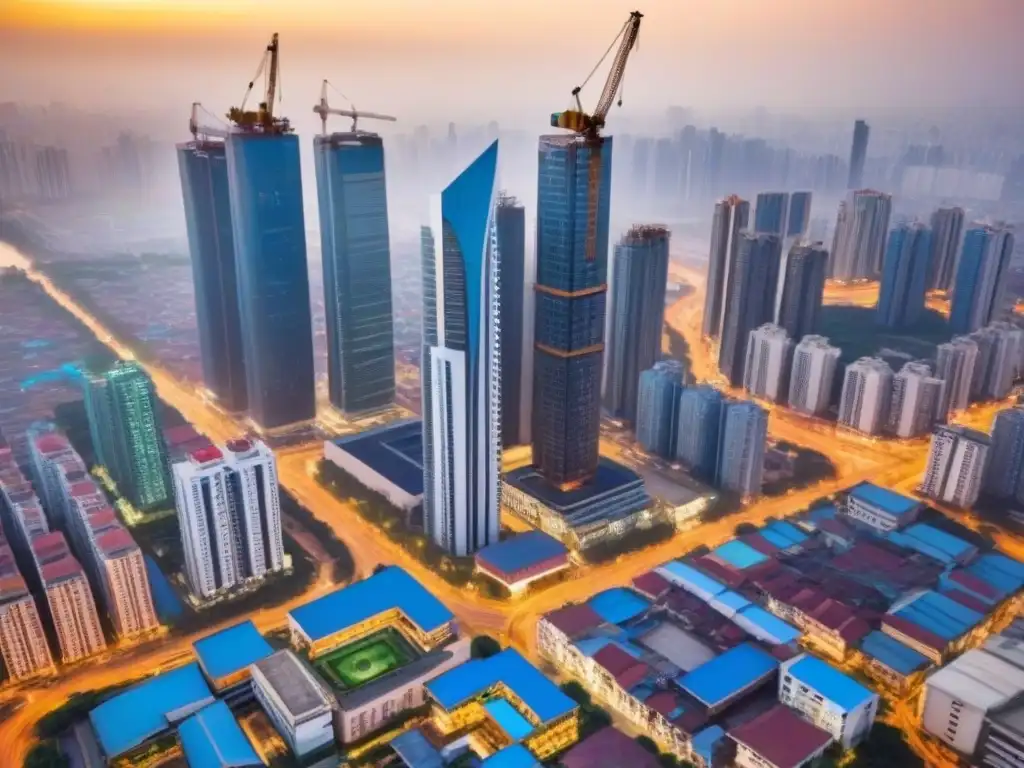 Metrópolis emergente: arquitectura tradicional y rascacielos en crecimiento Oportunidades únicas mercado inmobiliario: Vista aérea de una ciudad vibrante con arquitectura tradicional y rascacielos modernos, mostrando la energía y diversidad de un mercado inmobiliario emergente