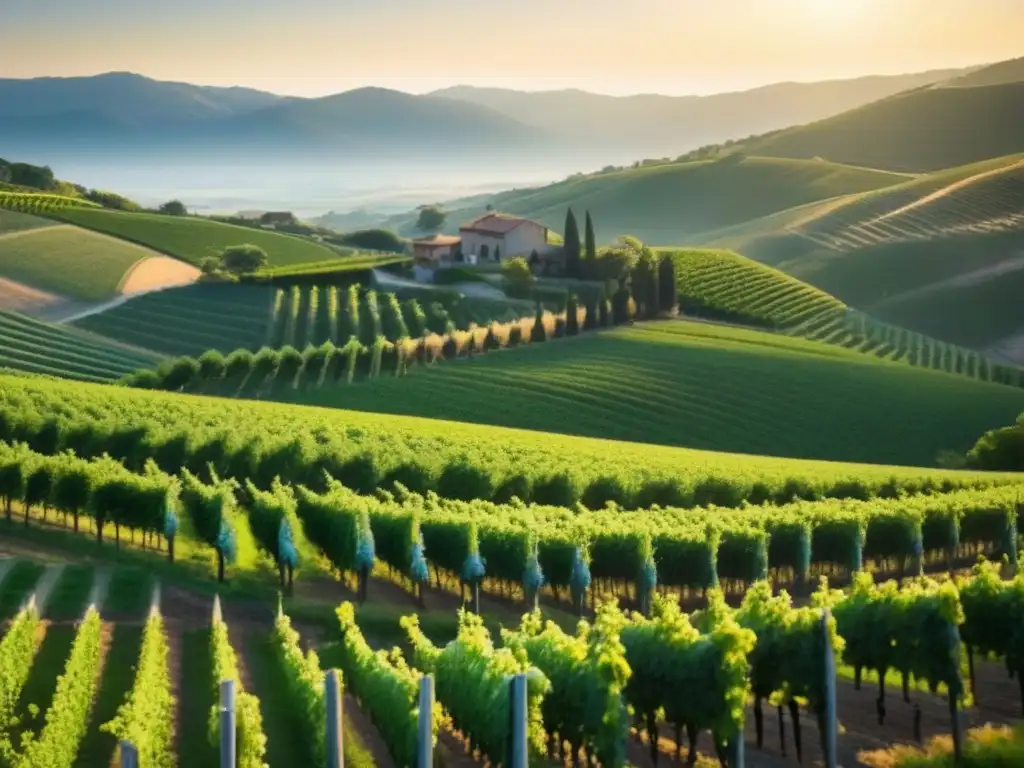 Inversiones en viñedos internacionales: paisajes de ensueño y rentabilidad Un paisaje cautivador de viñedos verdes con hileras de uvas coloridas bajo el sol, rodeados de bodegas modernas